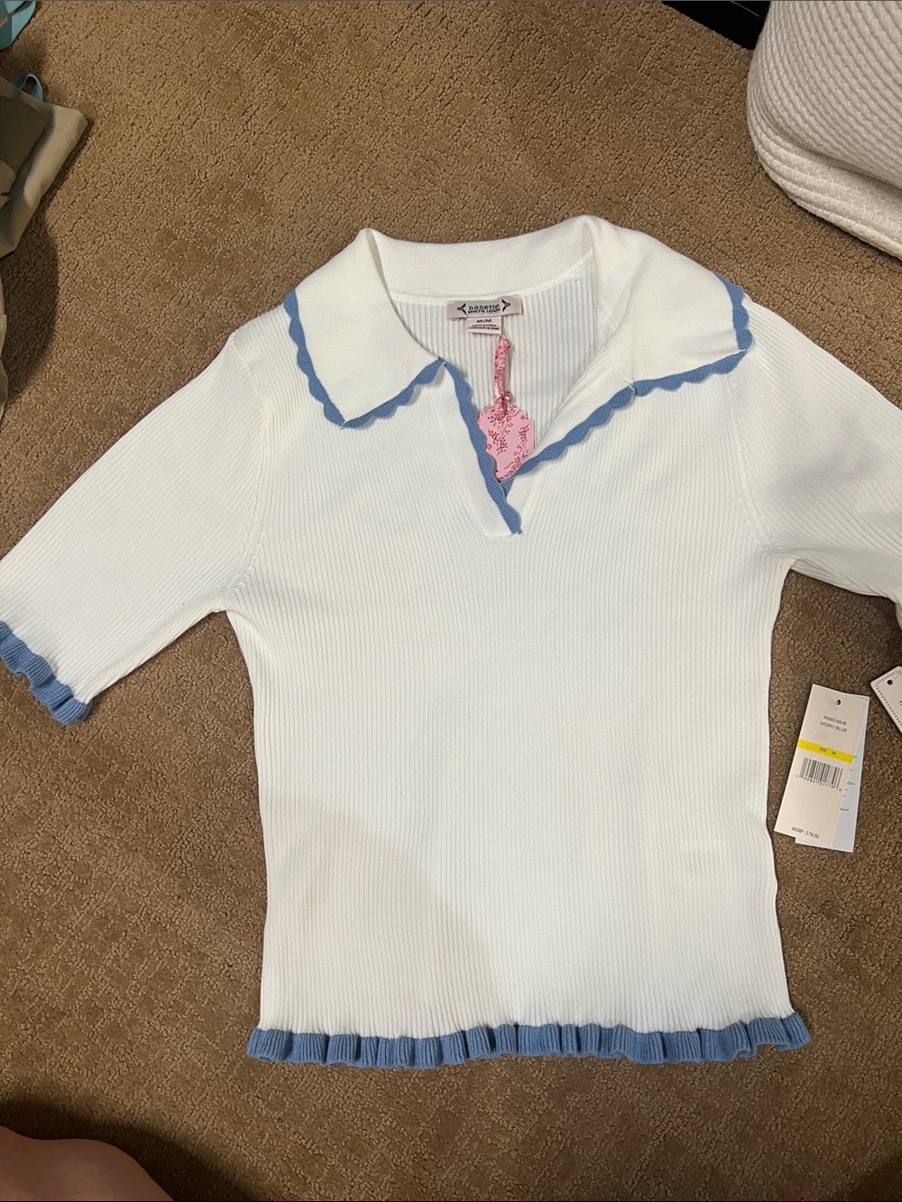 Nanette Lepore White Knit Polo Top with Blue Trim - Kids